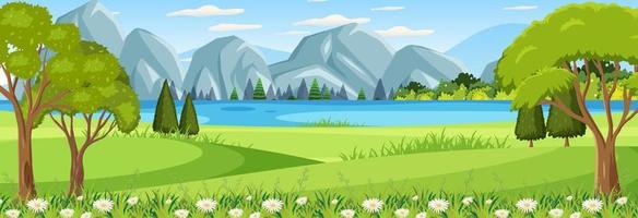 Panorama landscape scene with river flowing through in the meadow vector