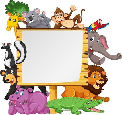 Empty wooden frame with various wild animals