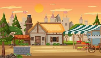 Medieval town scene with market place vector