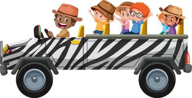 Zoo concept with children on tourist car isolated on white background vector