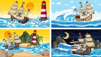 Set of different beach scenes with pirate ship vector