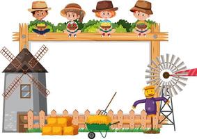 Empty wooden frame with children and farm objects vector