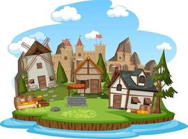 Medieval village with villagers on white background vector