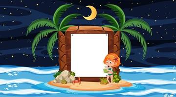 Niños de vacaciones en la escena nocturna de la playa con plantilla de banner vacía vector