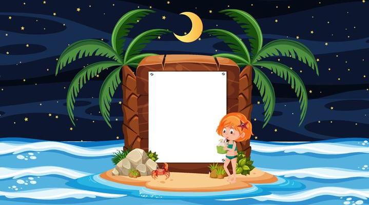 Kids on vacation at the beach night scene with empty banner template