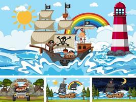 Different scenes with pirate ship at the sea and animals in the zoo vector