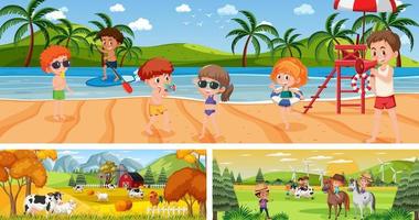 Different outdoor landscapes with cartoon character vector