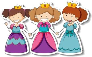 Sticker template with little three princesses cartoon character vector