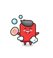 red card character is bathing while holding soap vector