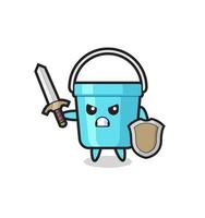 cute plastic bucket soldier fighting with sword and shield vector