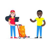 Fast delivery character with clipboard and trolley and boxes vector