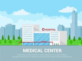 Hospital building text space, cloudy sky and trees behind. vector