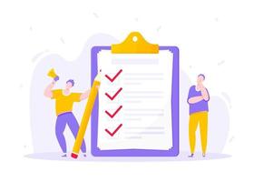 Task done business concept with tiny persons with megaphone. vector