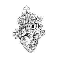 Illustration Anatomical heart with mushrooms vector