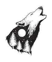 espacio negativo de un lobo con fondo de bosque vector