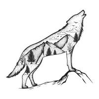 Ilustración de un lobo con fondo de bosque vector