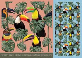 Seamless pattern illustration Amazon Toucan birds and plants vector