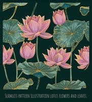 Seamless pattern illustration lotus flowers and leaves. vector