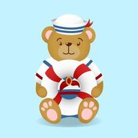 lindo oso de peluche vistiendo traje de uniforme de marinero sosteniendo aro salvavidas vector