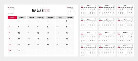 Calendar 2022, 12 month in clean minimal table simple style. vector