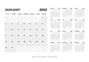 Calendar 2022, 12 month in clean minimal table simple style. vector