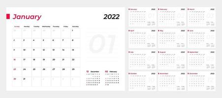 calendario 2022, 12 meses en estilo simple de mesa minimalista limpia. vector
