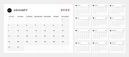 Calendar 2022, 12 month in clean minimal table simple style. vector