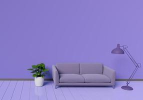diseño interior moderno de sala de estar púrpura con sofá y maceta foto