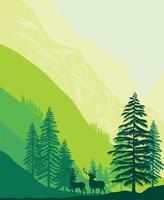 Mountains landscape with forest and pine tree and deer illustration vector