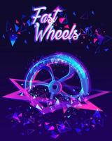 Neon illustration of a car wheel glowing and getting out of a star. vector