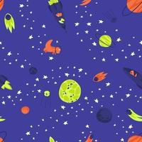 Outer space seamless pattern with planets, stars and rockets vector