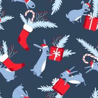 Seamless pattern from red gift boxes and cute rabbits on a dark backgr vector