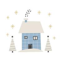 Cute winter house background. Flat vector illustration in trendy style