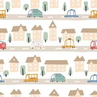 Cute city map with roads and transport. Vector seamless pattern.