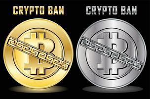 Crypto ban sign on gold and silver colour with black background vector