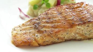 Grilled salmon meat steak with vegetable video