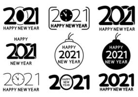 Collection of 2021 happy new year signs. Set of 2021 happy new year symbols. Black holiday labels for greeting card, brochure template, calendar and other. Vector