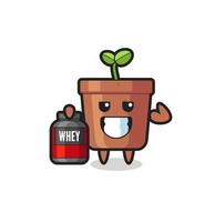 the muscular plant pot character is holding a protein supplement vector