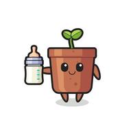 baby plant pot cartoon character with milk bottle vector