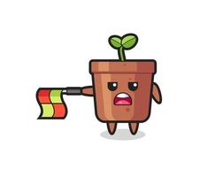 plant pot character as line judge hold the flag straight horizontally vector
