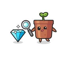 plant pot mascot is checking the authenticity of a diamond vector