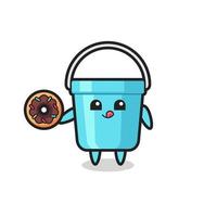 illustration of an plastic bucket character eating a doughnut vector