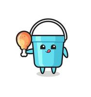 plastic bucket cute mascot is eating a fried chicken vector