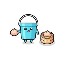 cute plastic bucket character eating steamed buns vector