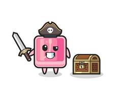 the perfume pirate character holding sword beside a treasure box vector