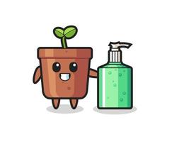 cute plant pot cartoon with hand sanitizer vector