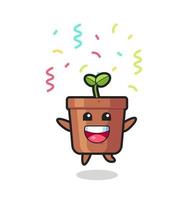 happy plant pot mascot jumping for congratulation with colour confetti vector