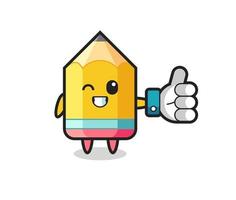 cute pencil with social media thumbs up symbol vector