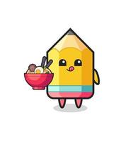 cute pencil character eating noodles vector