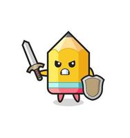 cute pencil soldier fighting with sword and shield vector